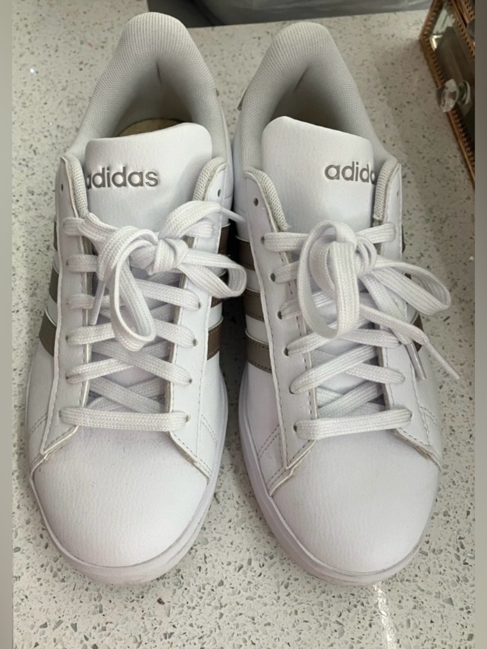 Adidas Grand Court Platform Sneakers White & Beige/Taupe Stripe Women’s Size 7
